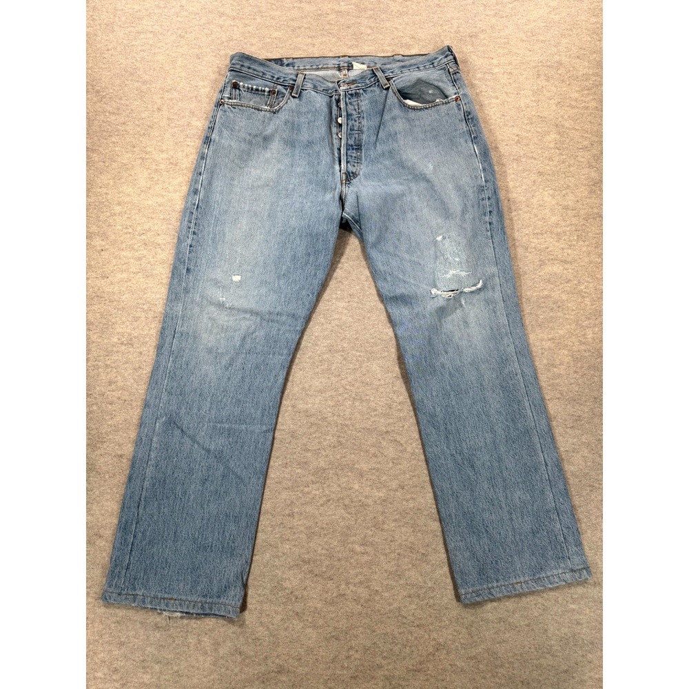 Levis 501 Jeans Mens 38x32 Blue Light Wash Distressed Straight 00501-0193